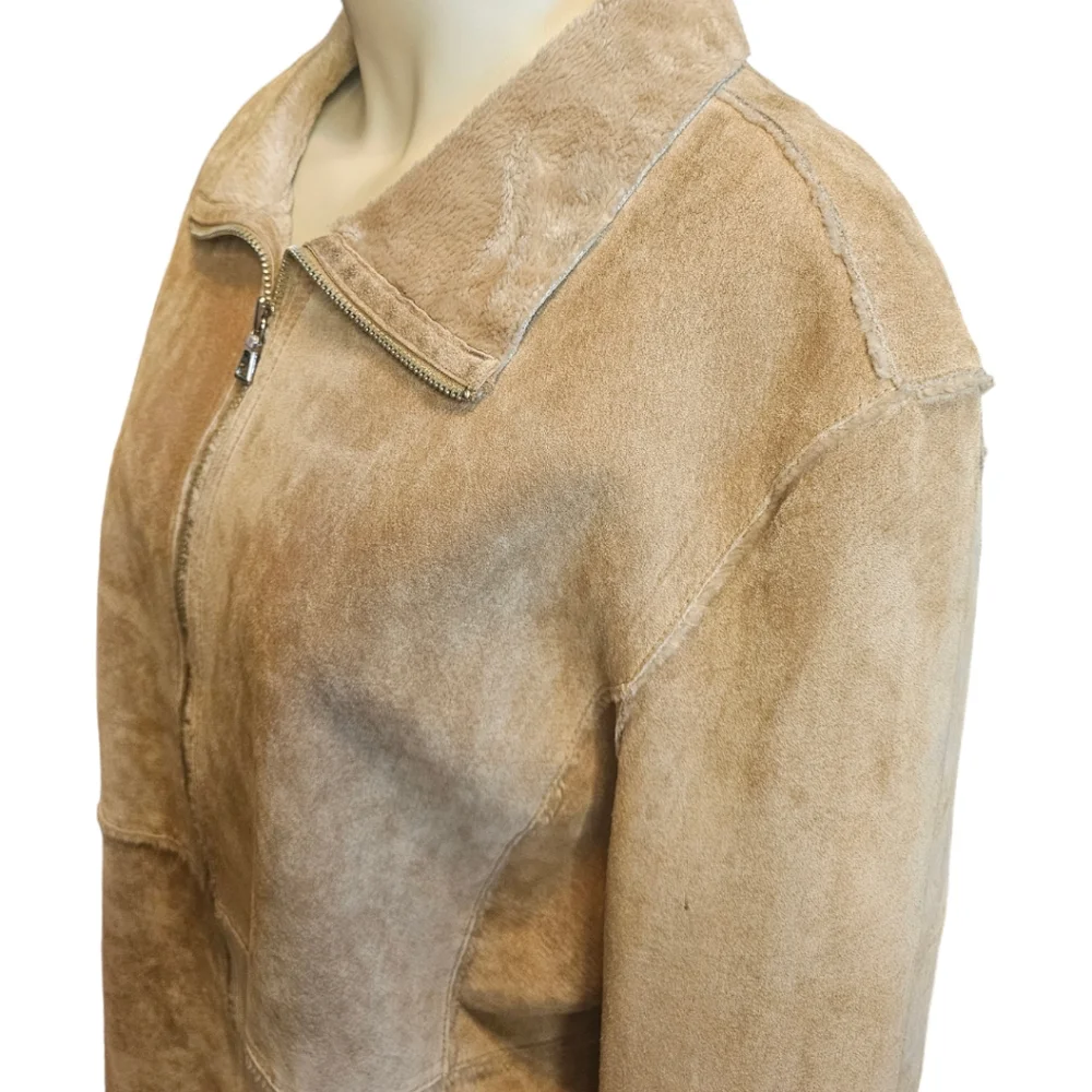 Vintage Y2K Guess Leather Jacket Patchwork Faux Sheepskin Fur Lined Tan Beige - Picture 7 of 13